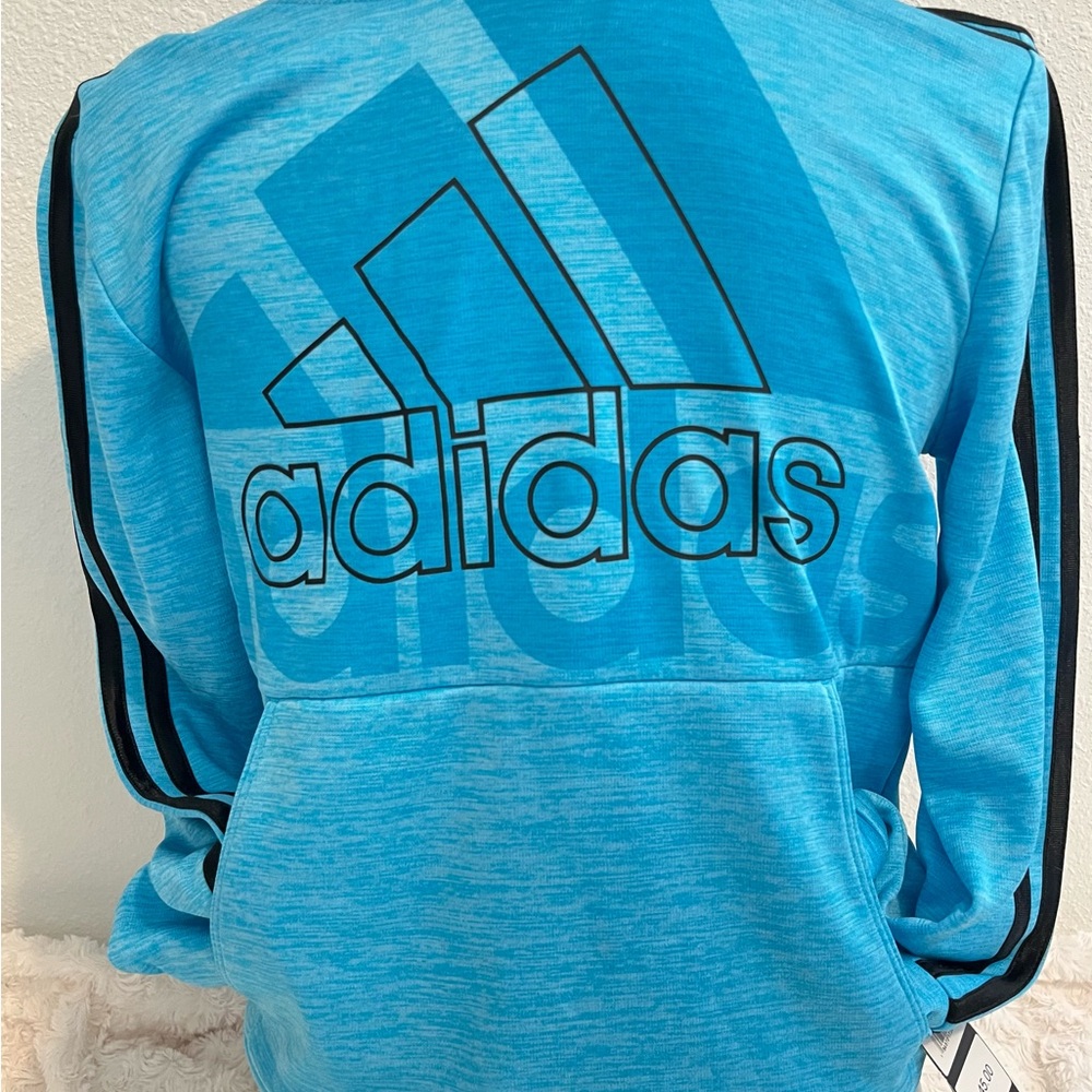 Adidas boys Sky Blue Hoodie with Black stripes